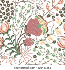 Floral seamless pattern. Hand drawn creative flower. Colorful artistic background with blossom. Abstract herb. It can be used for wallpaper, textiles, wrapping, card, cover. Vector illustration, eps10