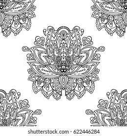 Floral seamless pattern with hand drawn lotus flowers. Decorative abstract floral monochrome water lilies pattern