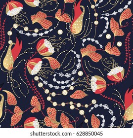Floral seamless pattern. Hand drawn creative flower. Artistic background with blossom. Abstract herb. It can be used for wallpaper, textiles, wrapping, card, cover. Vector illustration, eps10.