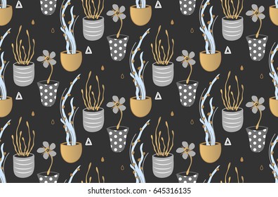 Floral seamless pattern. Hand drawn creative flowers in pots. Artistic background with blossom. Abstract herb. It can be used for wallpaper, textiles, wrapping, card, cover. Vector illustration, eps10