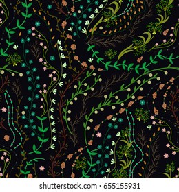 Floral seamless pattern. Hand drawn creative flowers. Colorful artistic background with blossom. Abstract herb. Can be used for wallpaper, textiles, wrapping, card, cover. Vector illustration, eps10.