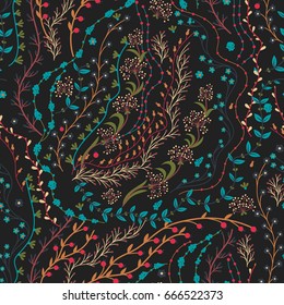 Floral seamless pattern. Hand drawn creative flowers. Colorful artistic background with blossom. Abstract herb. Can be used for wallpaper, textiles, wrapping, card, cover. Vector illustration, eps10.
