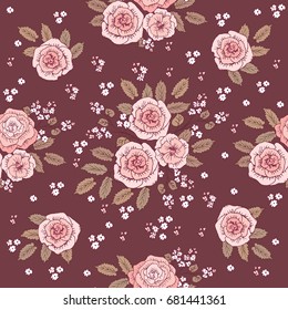 Floral seamless pattern with hand drawn pink flowers for textile, wallpapers, gift wrap and scrapbook. Dark background.  Vector illustration.