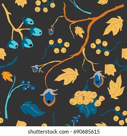Floral Seamless Pattern. Hand Drawn Creative Sprays with berries. Colorful artistic design on dark background, blossom. For backgrounds, wallpapers, fabric, prints, textiles, wrapping, cards, cover.