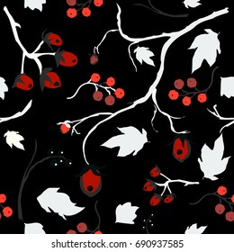 Floral Seamless Pattern. Hand Drawn Creative Sprays with berries. Colorful artistic design on black background, blossom. For backgrounds, wallpapers, fabric, prints, textiles, wrapping, cards, cover.