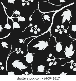 Floral Seamless Pattern. Hand Drawn Creative Sprays with berries. Artistic design on black background, blossom. For backgrounds, wallpapers, fabric, prints, textiles, wrapping, cards, cover.