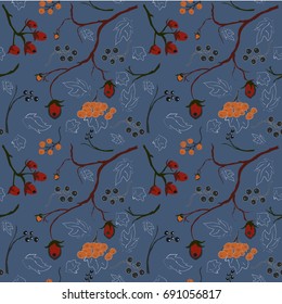 Floral Seamless Pattern. Hand Drawn Creative Sprays with berries. Colorful artistic design on blue background, blossom. For backgrounds, wallpapers, fabric, prints, textiles, wrapping, cards, cover.