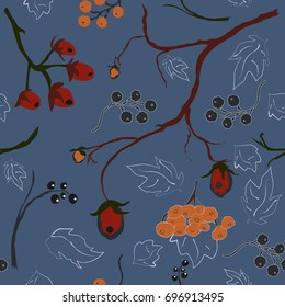 Floral Seamless Pattern. Hand Drawn Creative Sprays with berries. Colorful artistic design on purple background, blossom. For backgrounds, wallpapers, fabric, prints, textiles, wrapping, cards, cover.