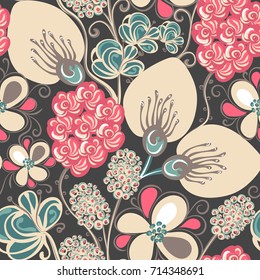 Floral seamless pattern. Hand drawn creative flowers or trees. Colorful artistic background. Abstract herb. Can be used for wallpaper, textiles, wrapping, card, cover. Vector illustration, eps10