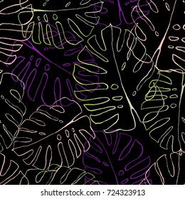 Floral seamless pattern. Hand drawn doodles texture. Stylized sketch  Monstera leaves. Great for fabric, wallpaper, wrapping paper, surface design, wedding invitation. Vector