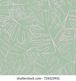 Floral seamless pattern. Hand drawn doodles texture. Stylized sketch  Monstera leaves. Great for fabric, wallpaper, wrapping paper, surface design, wedding invitation. Vector