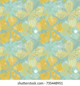 Floral seamless pattern with hand drawn wild flowers, branches. Endless texture in doodle style. Cute vector background for wallpaper, scrapbook, wrapping paper, surface texture, web page background