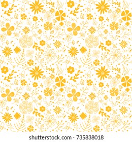 Floral seamless pattern with hand drawn wildflowers, branches. In doodle style, yellow elements on white background. Vector background for wrapping, wallpaper, scrapbook, surface texture.