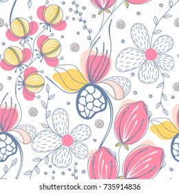 Floral seamless pattern. Hand drawn creative flowers. Colorful artistic background. Abstract herb. Can be used for wallpaper, textiles, wrapping, card, cover. Vector illustration, eps10