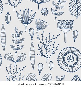 Floral seamless pattern. Hand drawn creative flowers. Lines and strips. Abstract herbs. Outline. Creative design. Can be used for wallpaper, textiles, wrapping, card, cover. Vector illustration, eps10
