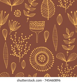 Floral seamless pattern. Hand drawn creative flowers. Lines and strips. Abstract herbs. Outline. Creative design. Can be used for wallpaper, textiles, wrapping, card, cover. Vector illustration, eps10