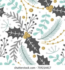 Floral Seamless Pattern. Hand Drawn Herbs. Merry Christmas. Winter Holiday. Artistic Background. Holly. Can Be Used For Wallpaper, Textiles, Wrapping, Card, Cover. Vector Illustration, Eps10