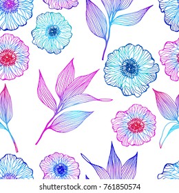 floral seamless pattern with hand drawn purple leaves and poppies flowers.Line art sketch style background on white