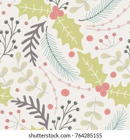 Floral seamless pattern. Hand drawn herbs. Merry Christmas. Winter holiday. Artistic background. Holly. Can be used for wallpaper, textiles, wrapping, card, cover. Vector illustration, eps10