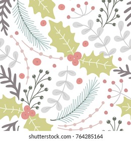 Floral seamless pattern. Hand drawn herbs. Merry Christmas. Winter holiday. Artistic background. Holly. Can be used for wallpaper, textiles, wrapping, card, cover. Vector illustration, eps10