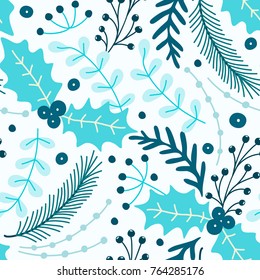 Floral seamless pattern. Hand drawn herbs. Merry Christmas. Winter holiday. Artistic background. Holly. Can be used for wallpaper, textiles, wrapping, card, cover. Vector illustration, eps10
