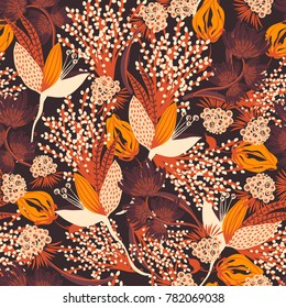 Floral seamless pattern. Hand drawn creative flower. Colorful artistic background with blossom. Abstract herb. It can be used for wallpaper, textiles, wrapping, card. Vector illustration, eps10