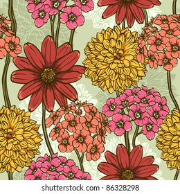 Nahtloses Muster ohne Blumen. Handgezeichnete Blumen. Helle Farben. Perfekt für Packpapier, Tapete, Textilien