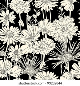 Floral seamless pattern with hand drawn flowers. Black and white