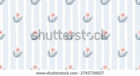 Floral seamless pattern with hand drawn pink flowers on light blue striped background. Cottagecore floral texture. Modern background.