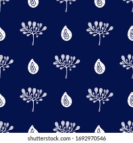 Floral seamless pattern. Hand drawnwhite petals and water drops on a dark blue background. can be used for wallpaper, pattern fills, web page background,surface textures, bed linen, fabric.