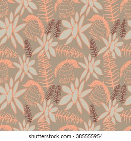Floral seamless pattern with hand sketched  flowers, branches and leaves on gray background.