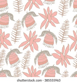 Floral seamless pattern with hand sketched pink flowers and leaves on white background.