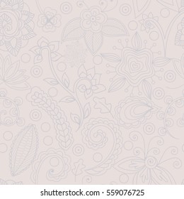 Floral seamless pattern, hand-drawn abstract flowers and indian elements, vector. Hand-drawn vector flowers and branches in delicate colors. All elements are not cropped and hidden under mask  