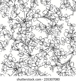 Floral seamless pattern. Hand-drawn black and white vector illustration.