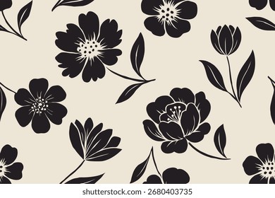 Floral seamless pattern with hand-drawn black flowers and leaves for fabric and wallpaper.