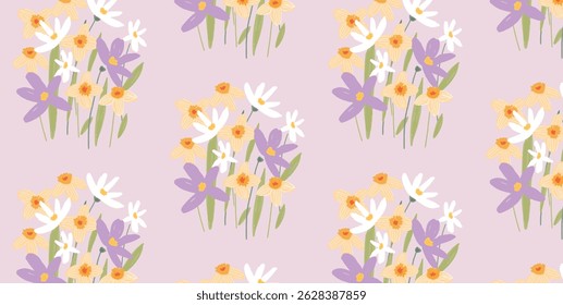 Padrão floral sem emenda. Bouquets desenhados à mão de narcisos, flores brancas e roxas sobre fundo rosa pastel. Design botânico para tecido, papel de parede, embrulho de presente, decoração. Ilustração vetorial