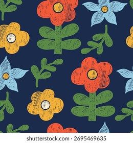 Floral Seamless Pattern. Hand-Drawn Crayon Ornament with Bright Flowers and Plants on dark navy blue background. Primitive Textured Square Drawing doodle. Vector illustration. Not AI