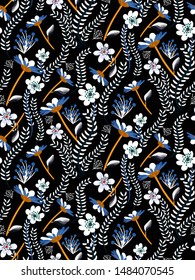 Floral seamless pattern with hand-drawn flowers, leaves on a dark background. Artistic background, Botanical print in blue, white, yellow, black colors. Abstract herb. Vector illustration.
