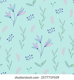 Floral seamless pattern with hand-drawn flowers, leaves, and branches on a blue background. Doodle hand-drawn floral background