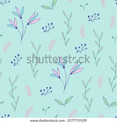 Floral seamless pattern with hand-drawn flowers, leaves, and branches on a blue background. Doodle hand-drawn floral background
