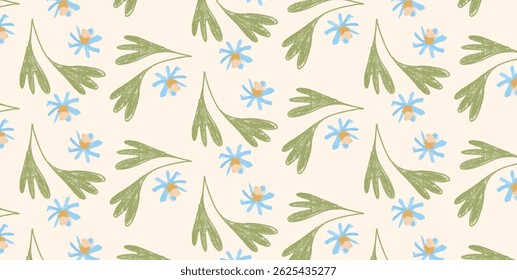 Patrón floral sin fisuras con hojas verdes dibujadas a mano y flores azules suaves en forma de margarita sobre fondo beige claro. Diseño botánico delicado para la tela, Fondo de pantalla, envoltura. Ilustración vectorial
