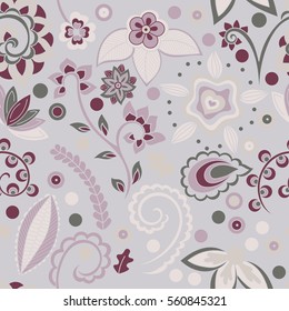 Floral seamless pattern. Hand-drawn floral and indian elements without contour, vector. Elements are not cut off and hidden under mask