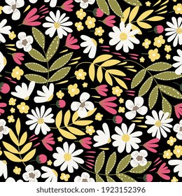 Floral seamless pattern in hand-drawn style.  Vector background with flowers. Design for wallpaper, fabrics or wrapping paper.