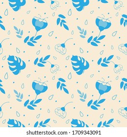 Floral seamless pattern. Hand-drawn tropical leaves, flower silhouettes, outline water drops in monochrome blue tones tender color palette. Cream background. Vector 