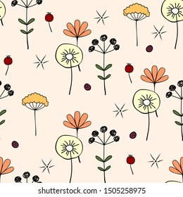Floral Seamless Pattern. Hand-drawn Pattern of Various Plants, Flowers and Berries. Vector Pattern On a Light Background.