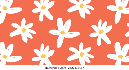 Floral seamless pattern with hand-drawn white spring flowers on bright red background. Bold minimal botanical design for fabric, gift wrap, wallpaper, and creative decoration. Vector illustration