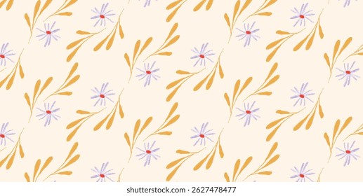 Floral seamless pattern with hand-drawn yellow leaves and purple daisy-like flowers on cream background. Elegant botanical design for fabric, wallpaper, wrapping paper, decoration. Vector illustration