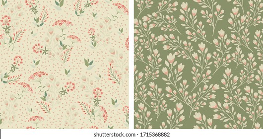 Blumennahtloses Muster, harmonisches Set. Botanische Elemente der Pflanzen befinden sich auf beigem und grünem Hintergrund. Vektorillustration für Textilien, Tapeten, Fliesen