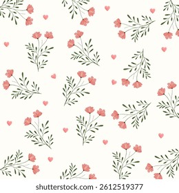 Floral seamless pattern with heart and flower in watercolor on a white background. For clothes, fashion fabrics, home decor, backgrounds, cards and templates, scrapbooking etc.