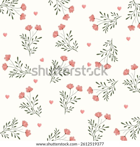Floral seamless pattern with heart and flower in watercolor on a white background. For clothes, fashion fabrics, home decor, backgrounds, cards and templates, scrapbooking etc.